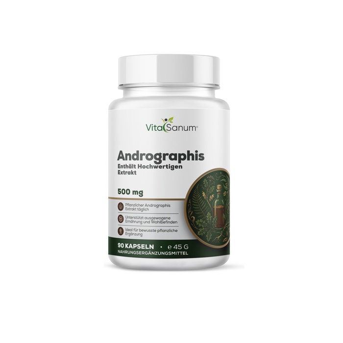Nährwerte / Aktive Inhaltsstoffe Tägliche Portion: 1 Kapsel InhaltsstoffPro Tagesportion (1 Kapsel)NRV* Andrographis-Extrakt (Andrographis paniculata)500 mg** * NRV = Referenzmenge für die tägliche Zufuhr gemäß Verordnung (EU) Nr. 1169/2011. ** Keine Referenzmenge (NRV) festgelegt. Nährwerte / Aktive Inhaltsstoffe Tägliche Portion: 1 Kapsel Inhaltsstoff Pro Tagesportion (1 Kapsel) NRV* Andrographis-Extrakt (Andrographis paniculata) 500 mg ** * NRV = Referenzmenge für die tägliche Zufuhr gemäß Verordnung (EU) Nr. 1169/2011. ** Keine Referenzmenge (NRV) festgelegt.