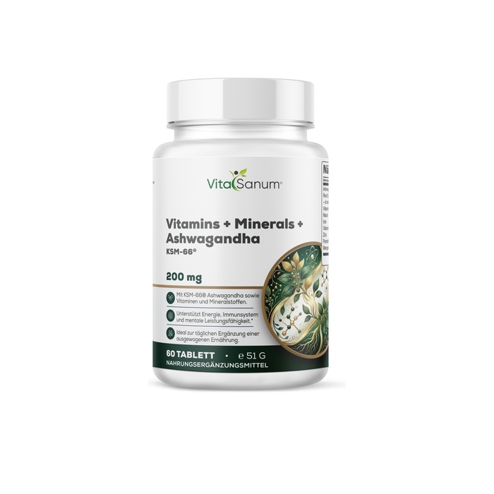 VitaSanum® Vitamine + Mineralien + Ashwagandha (KSM-66®) – 2 Tabletten Tagesportion VitaSanum® Vitamine + Mineralien + Ashwagandha (KSM-66®) – 2 Tabletten Tagesportion